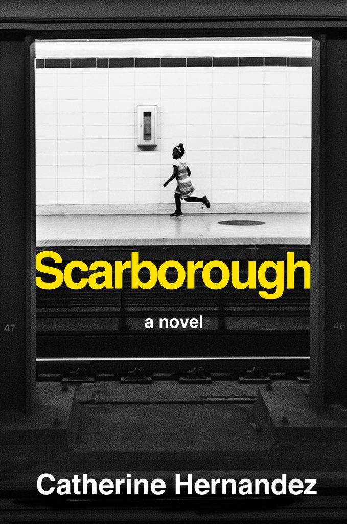 Book cover for Scarborough written by Catherine Hernandez, features a child running across an inner city subway platform