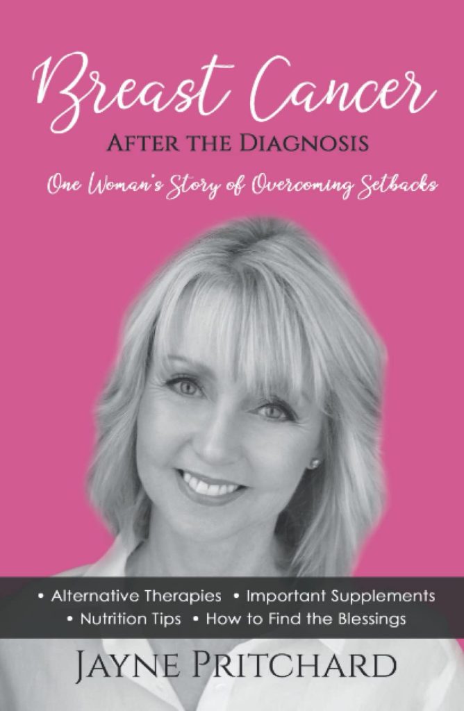 book cover for Breast Cancer After the Diagnosis, featuring headshot of Jane Pritchard, the author